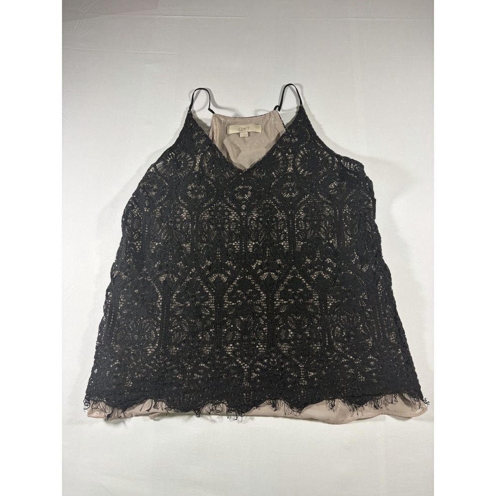 LOFT Sleeveless V Neck Black lace Nude underlay  Cami Tank Top Size Medium
